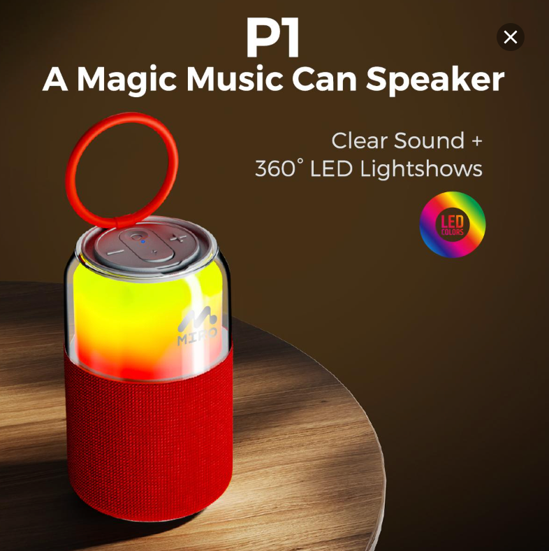 Miro P1 360° Surround Stereo Speaker, TWS Wireless Dual Channel Audio, Smart LED Ambient Lighting, Classic Soda Bubble Sound Effect, Bluetooth 5.4 Connectivity, 10m Range, 1800mAh Battery, 10 Hours Playtime