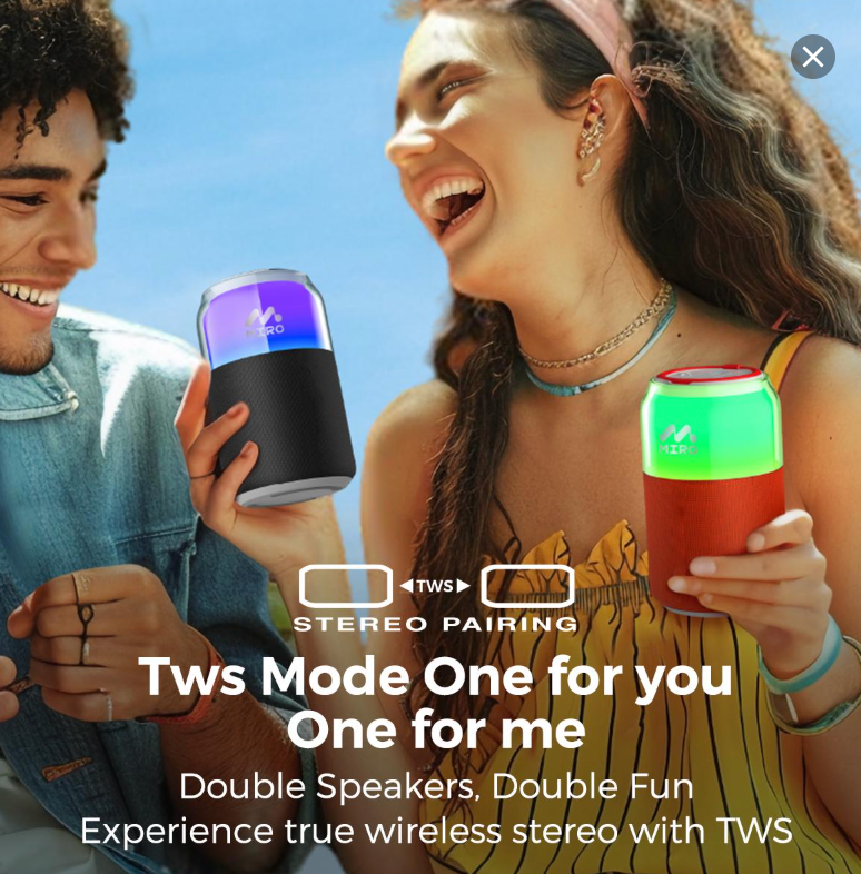 Miro P1 360° Surround Stereo Speaker, TWS Wireless Dual Channel Audio, Smart LED Ambient Lighting, Classic Soda Bubble Sound Effect, Bluetooth 5.4 Connectivity, 10m Range, 1800mAh Battery, 10 Hours Playtime