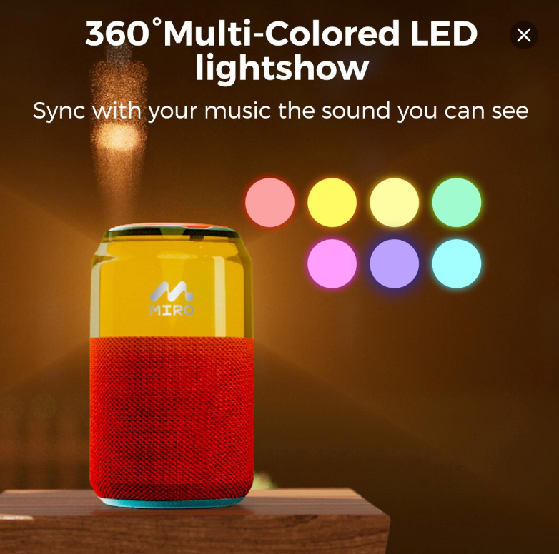 Miro P1 360° Surround Stereo Speaker, TWS Wireless Dual Channel Audio, Smart LED Ambient Lighting, Classic Soda Bubble Sound Effect, Bluetooth 5.4 Connectivity, 10m Range, 1800mAh Battery, 10 Hours Playtime
