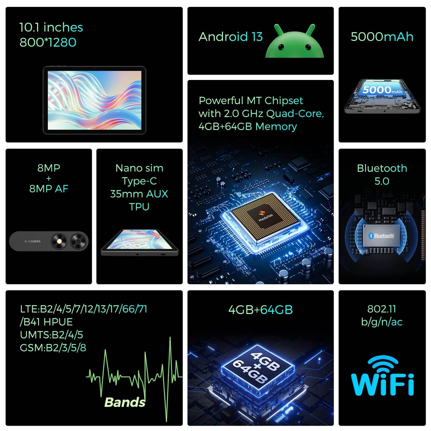 FOXXD C10 All-in-One Smart Calling Tablet – 10.1" HD Display, 8MP Camera, 4GB+64GB Storage, MediaTek Quad-Core Processor, 5000mAh Long-Lasting Battery