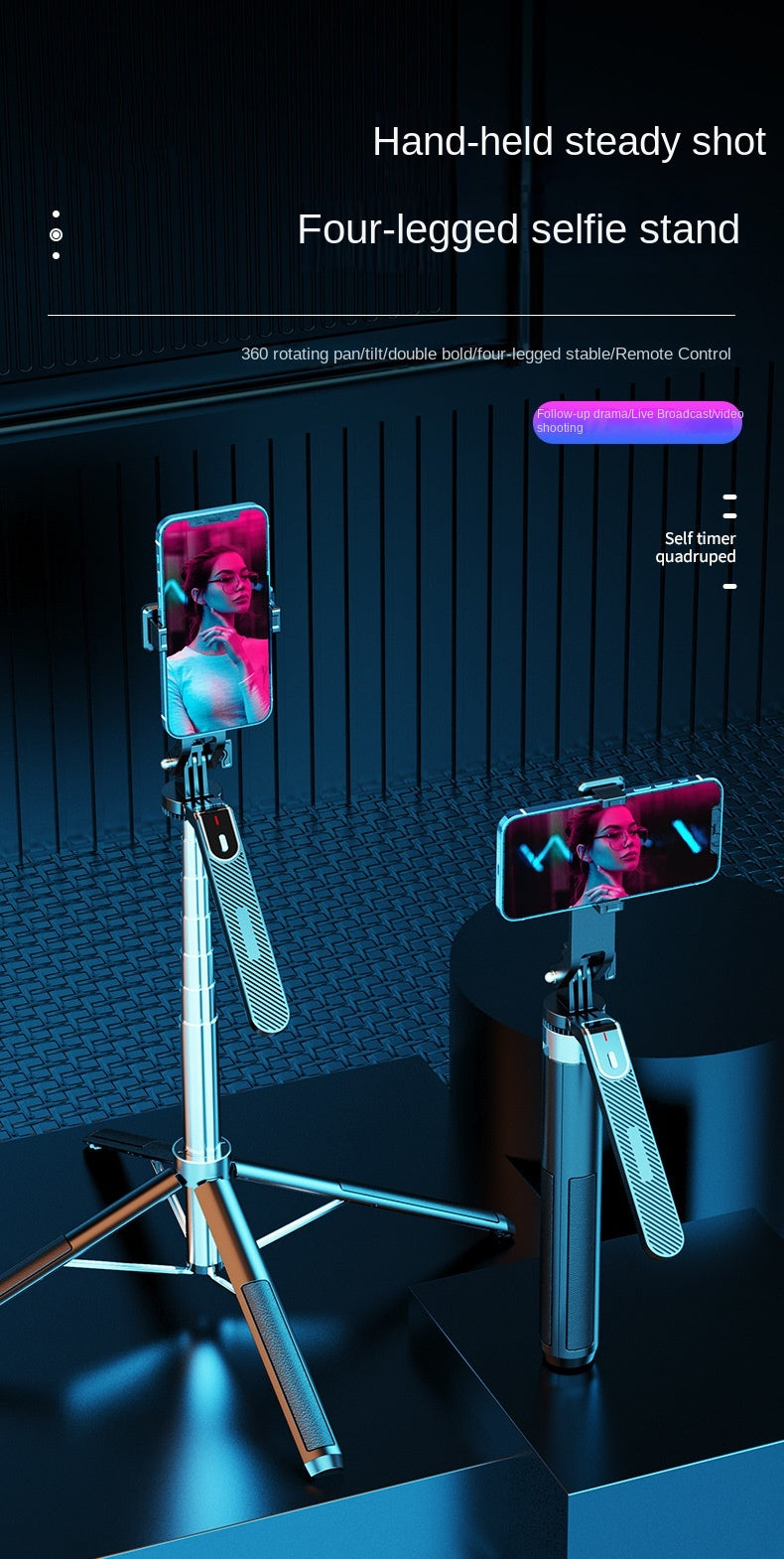 Tripod, for iPhone, with remote control, retractable phone tripod stand, selfie stick tripod for iPhone 15 14 13 12 11 series and Android phones