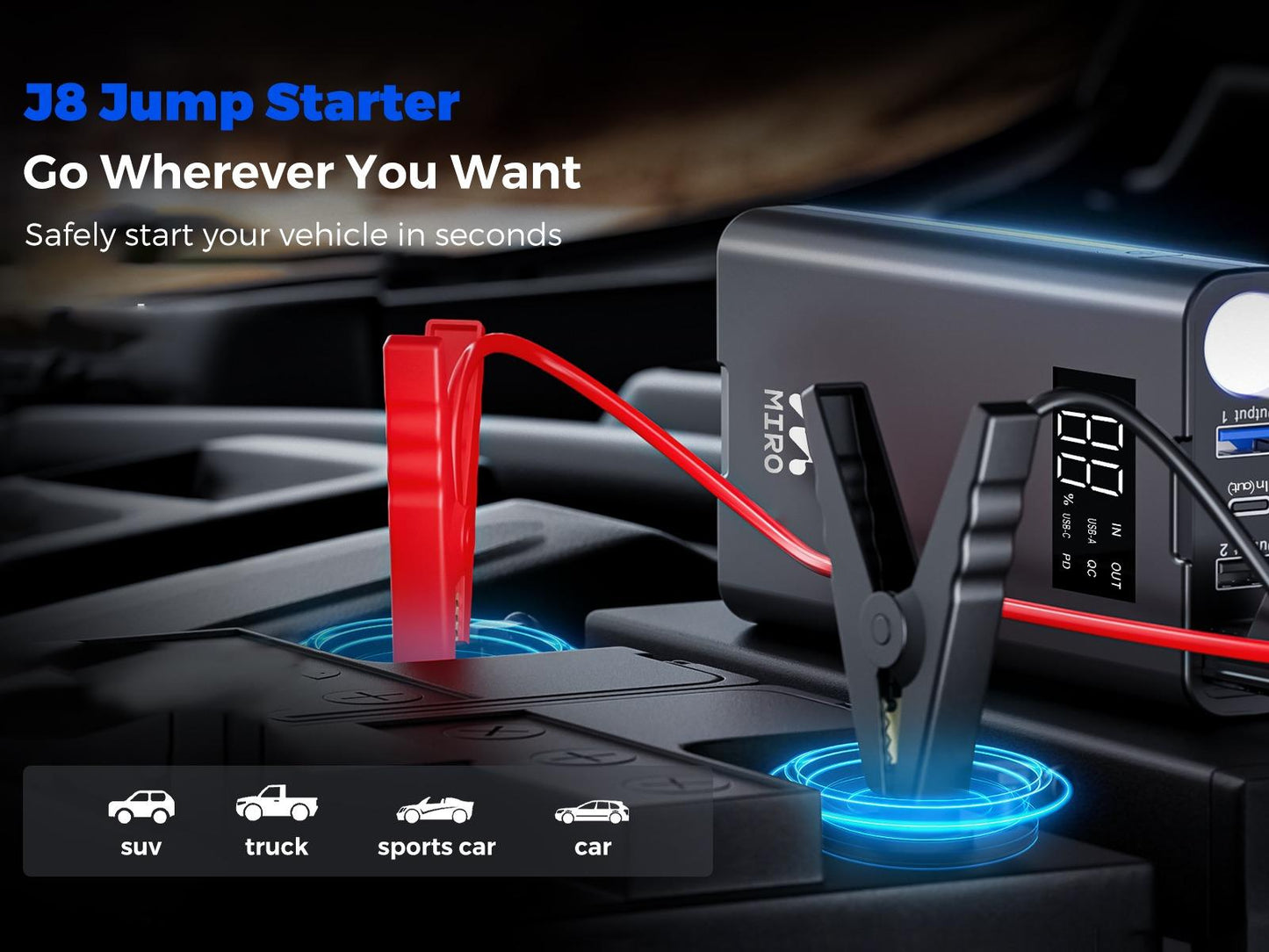 MIRO J8 Jump Starter 1000A Peak, 12V Vehicle Rescue, Multifunctional Power Bank