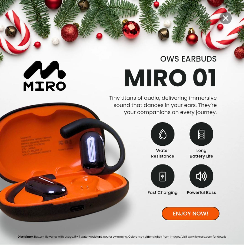 Foxx Miro OWS Bluetooth Earbuds, AC7003 Chip, Bluetooth 5.3, IPX4 Waterproof, 14.2mm Speaker, 400mAh Battery, 4H Play & Talk Time, USB Type-C Charging, 10m Wireless Range, 10g Lightweight, Fast Charging, A2DP, AVRCP, HSP, HFP Supported