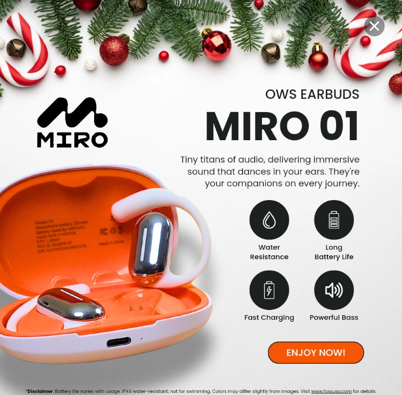 Foxx Miro OWS Bluetooth Earbuds, AC7003 Chip, Bluetooth 5.3, IPX4 Waterproof, 14.2mm Speaker, 400mAh Battery, 4H Play & Talk Time, USB Type-C Charging, 10m Wireless Range, 10g Lightweight, Fast Charging, A2DP, AVRCP, HSP, HFP Supported