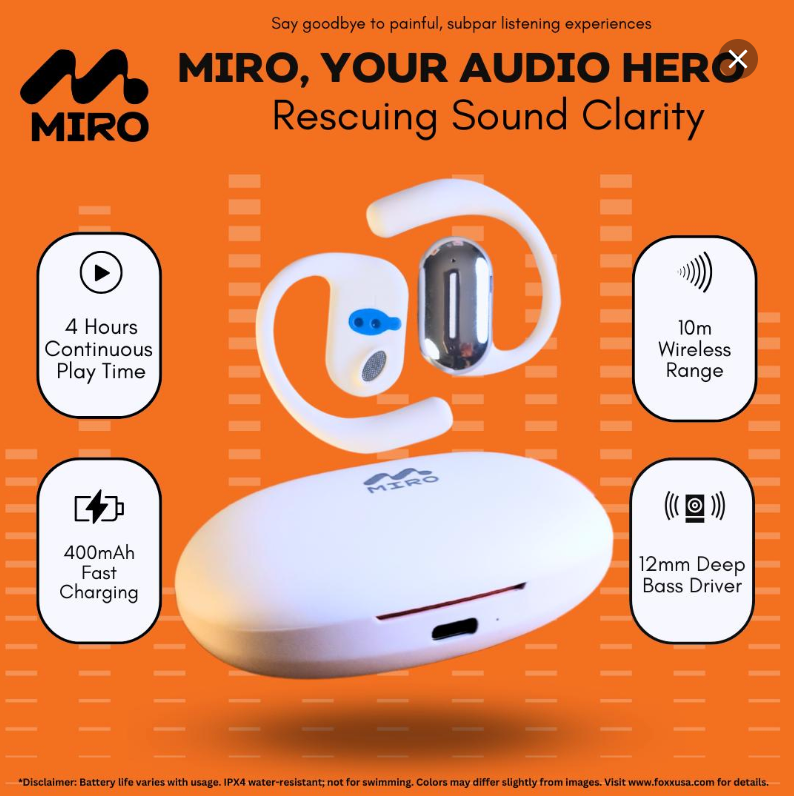 Foxx Miro OWS Bluetooth Earbuds, AC7003 Chip, Bluetooth 5.3, IPX4 Waterproof, 14.2mm Speaker, 400mAh Battery, 4H Play & Talk Time, USB Type-C Charging, 10m Wireless Range, 10g Lightweight, Fast Charging, A2DP, AVRCP, HSP, HFP Supported