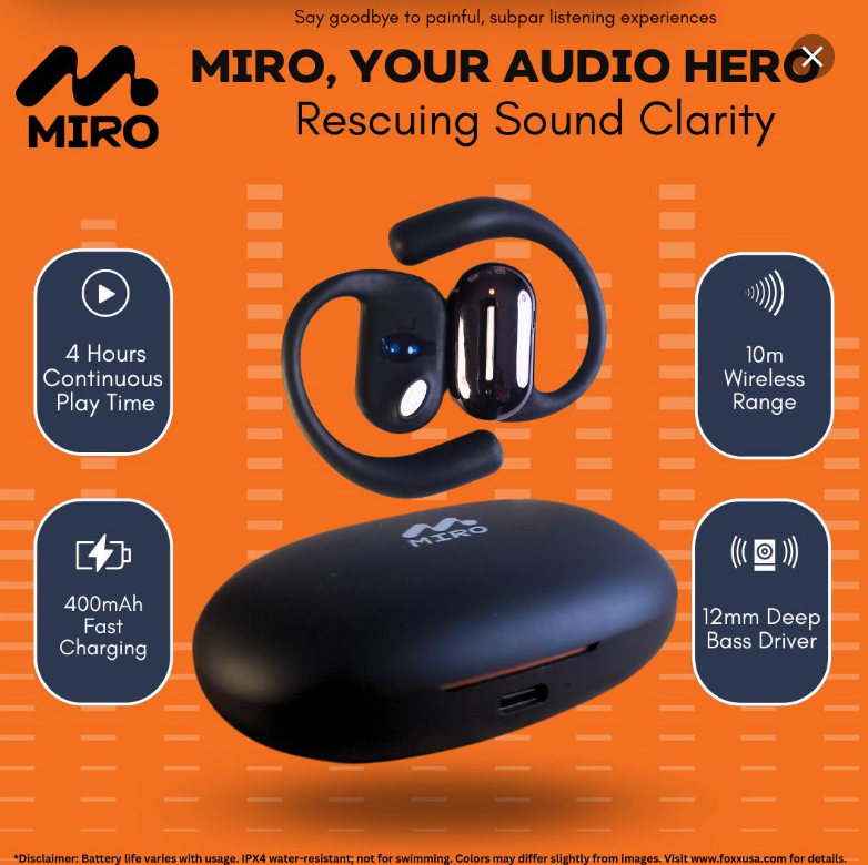 Foxx Miro OWS Bluetooth Earbuds, AC7003 Chip, Bluetooth 5.3, IPX4 Waterproof, 14.2mm Speaker, 400mAh Battery, 4H Play & Talk Time, USB Type-C Charging, 10m Wireless Range, 10g Lightweight, Fast Charging, A2DP, AVRCP, HSP, HFP Supported