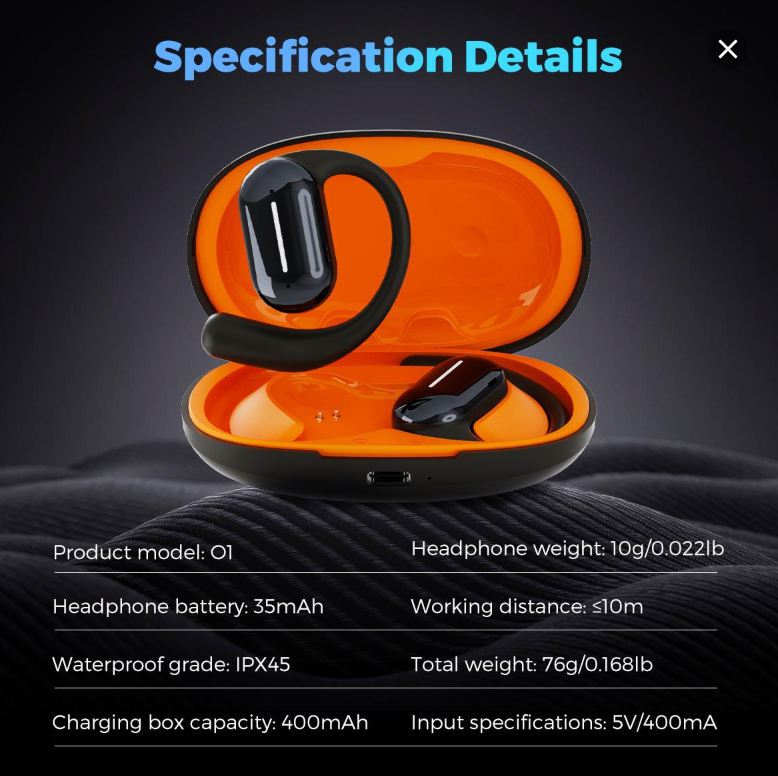 Foxx Miro OWS Bluetooth Earbuds, AC7003 Chip, Bluetooth 5.3, IPX4 Waterproof, 14.2mm Speaker, 400mAh Battery, 4H Play & Talk Time, USB Type-C Charging, 10m Wireless Range, 10g Lightweight, Fast Charging, A2DP, AVRCP, HSP, HFP Supported