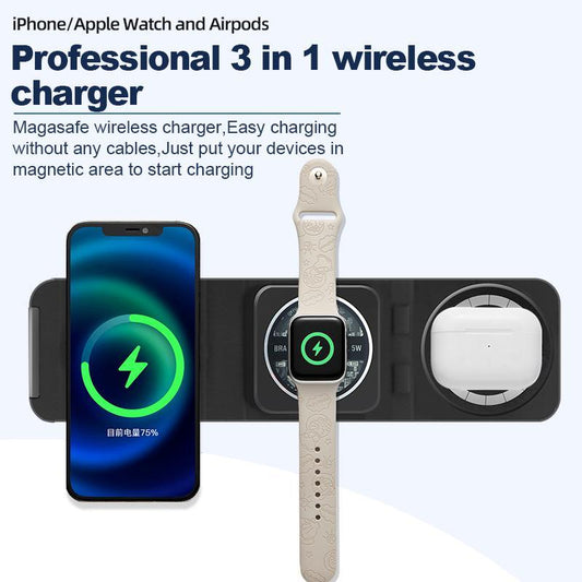 Magnetic Wireless Charger 3 in 1 Travel Charging Station for Apple Devices for iPhone 15 14 13 12 Pro Max Plus. Foldable Charging Pad for Apple Watch Series and Airpods 3 2 Pro