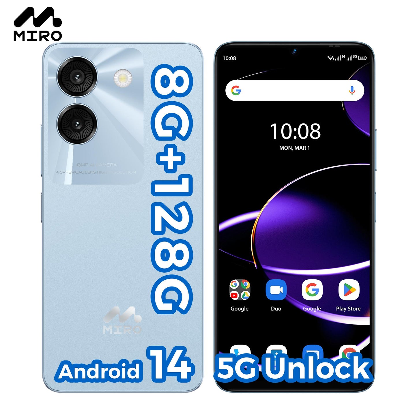 MIRO S67  Phone 5G & Mobile Plan Unlocked Android with 0.3MP Depth AI Double Camera, 8GB + 128GB Memory, 4900mAh/10W Charging - Bluetooth