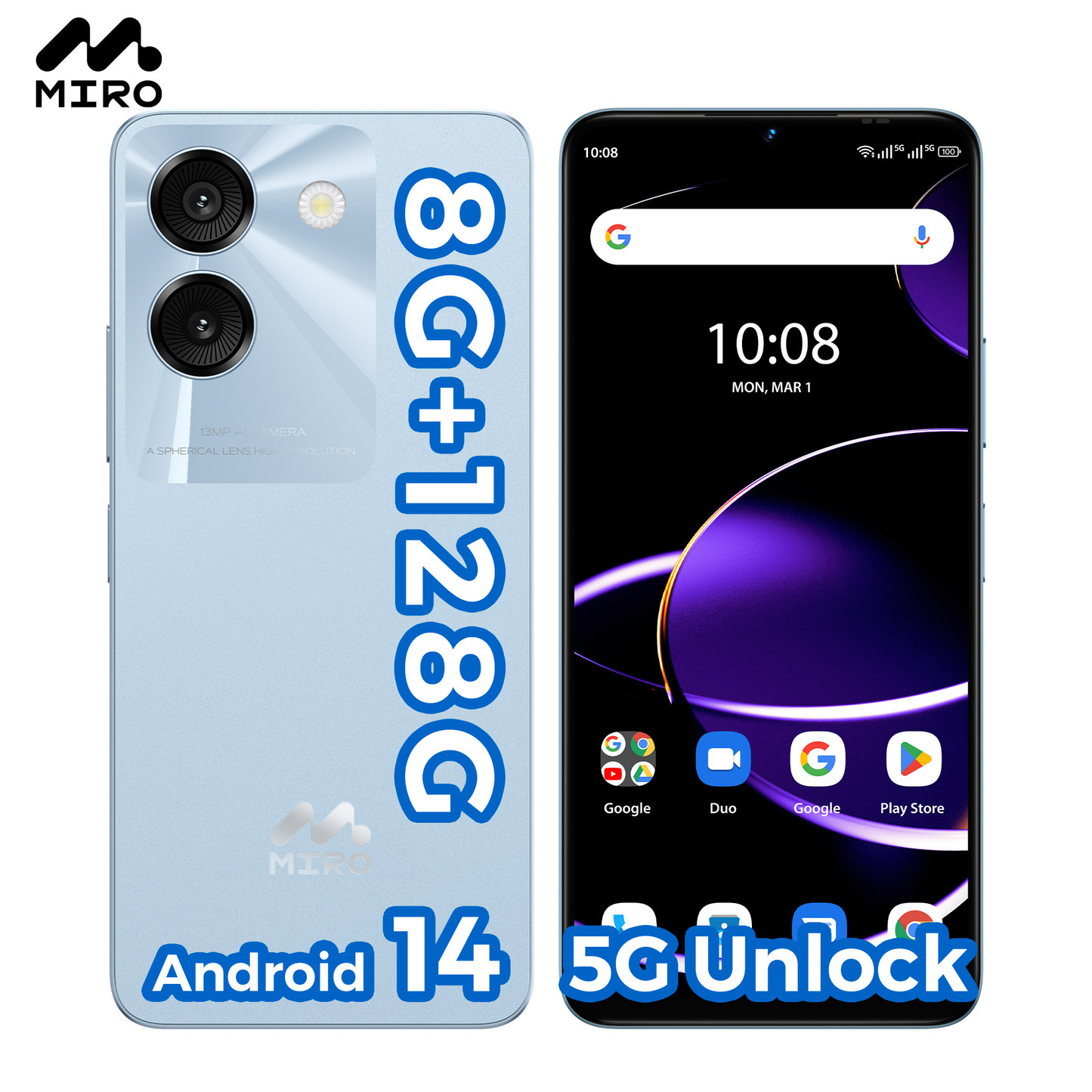 Miro 5G Unlocked Android Smartphone S67 ,6.75" Water Drop HD+, 90Hz,Memory 8GB+128GB,13MP AI Double Camera 0.3MP Depth,,4900mAh/10W Charging