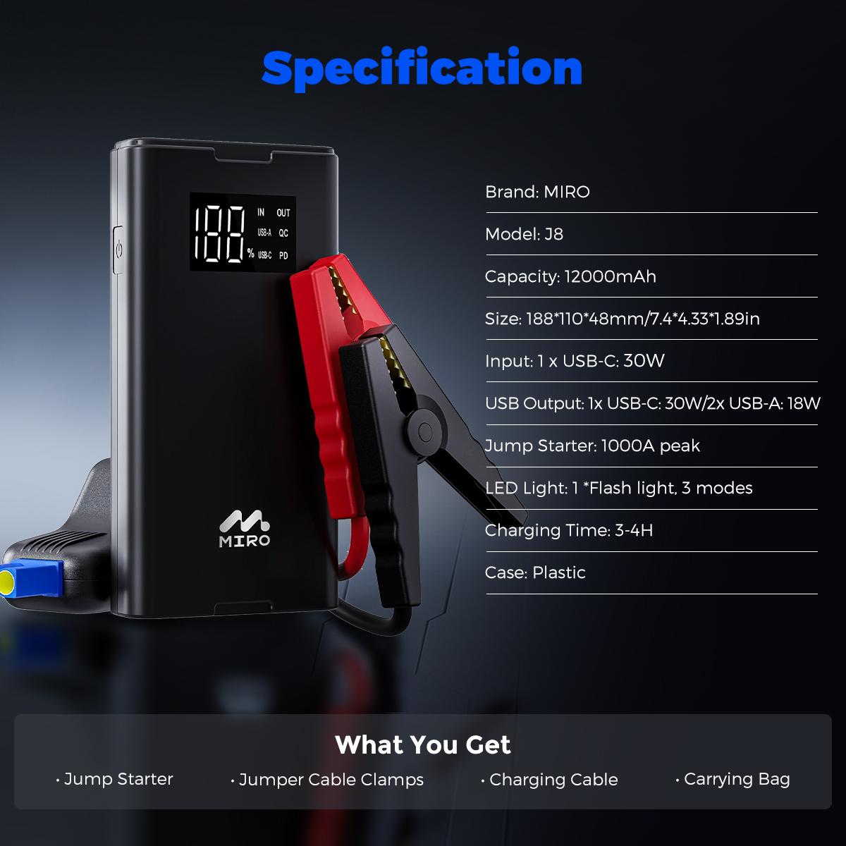 MIRO J8 Jump Starter 1000A Peak, 12V Vehicle Rescue, Multifunctional Power Bank