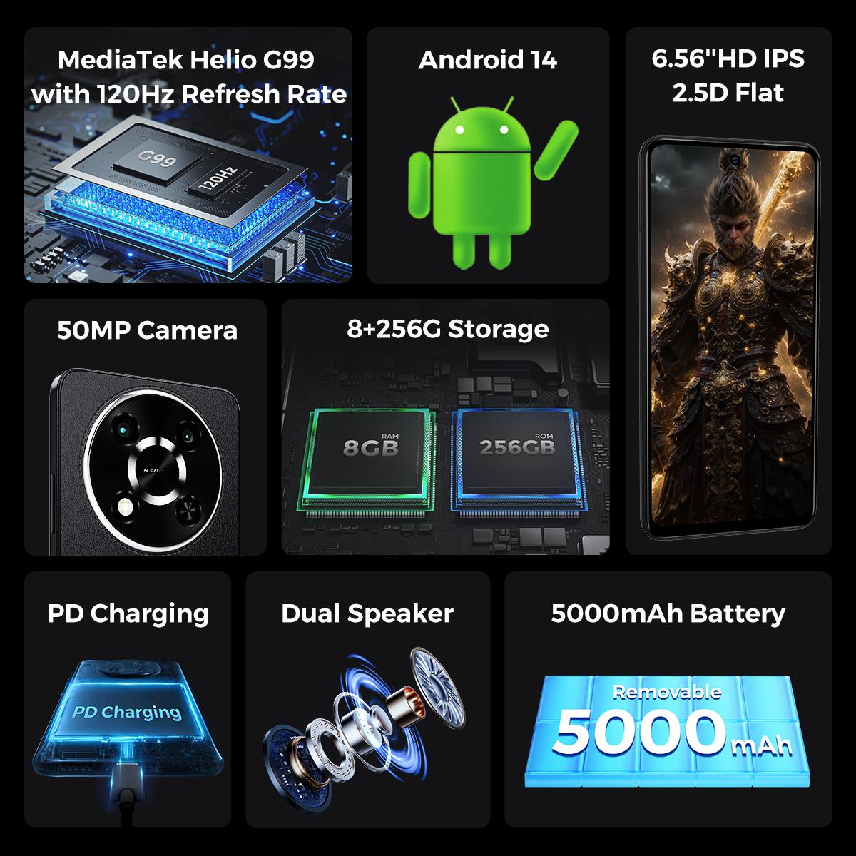 MIRO G1 Gaming Smartphone Unlocked 4G Cellphone 6.56'' HD Display 120Hz 50MP Camera Android 14 Smartphone 8+256GB 5000mAh Battery Fast Charging Andriod Phone, Unlock Smart Phone, 4G Dual SIM, GPS