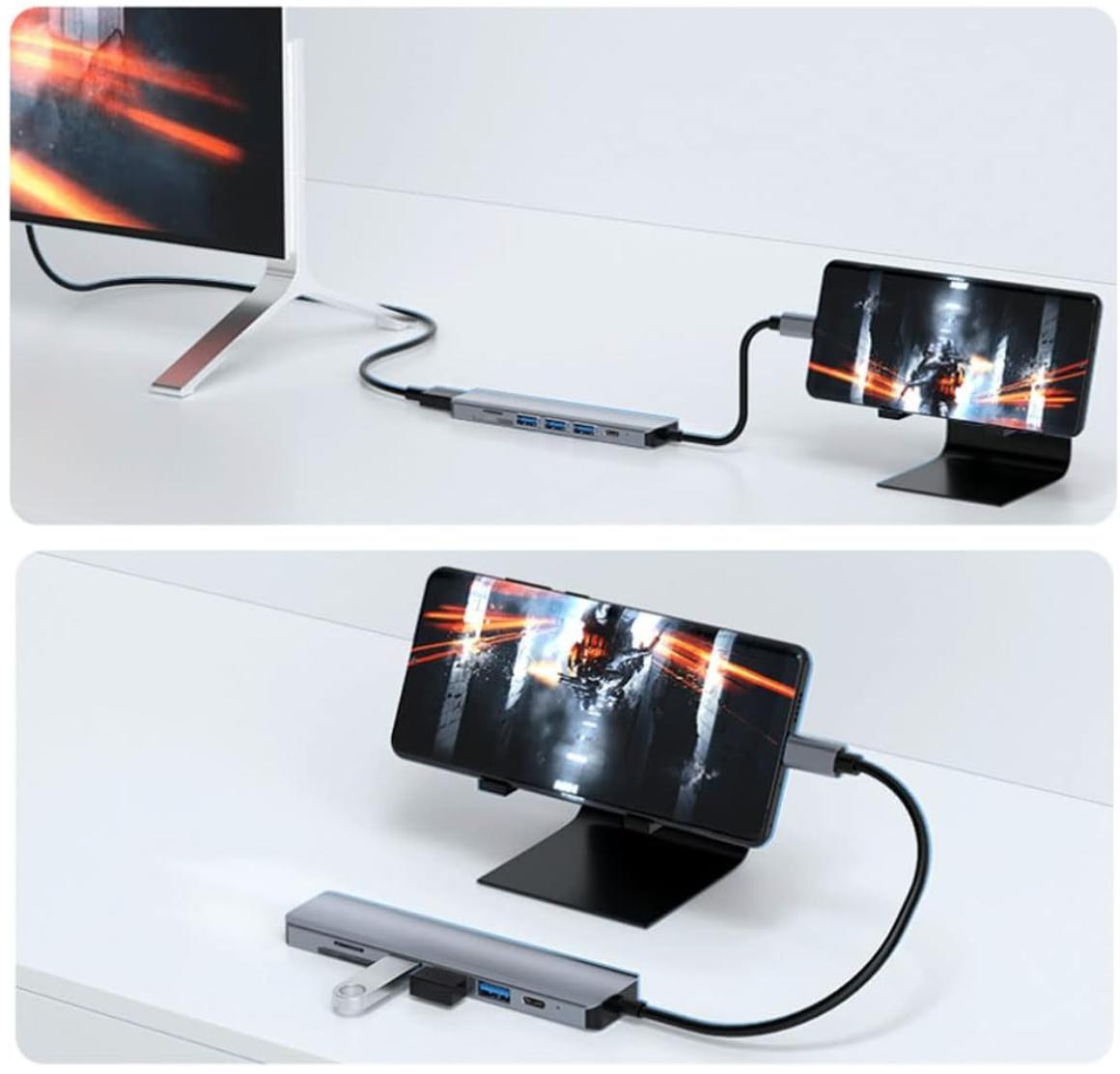Type- C Adapter USB, HDMI Splitter Port Extender 7 in 1 USB 3.0 Hub USB Adapter&USB C Splitter 3 USB 1 USBC TF/SD Card Reader Audio Output Compatible with MacBook/Pad Pro/Dell/HP Laptop/Phones