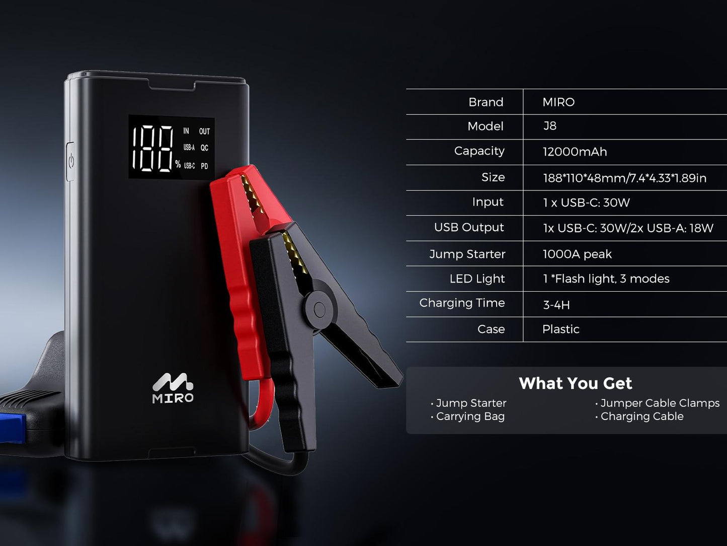 MIRO J8 Jump Starter 1000A Peak, 12V Vehicle Rescue, Multifunctional Power Bank